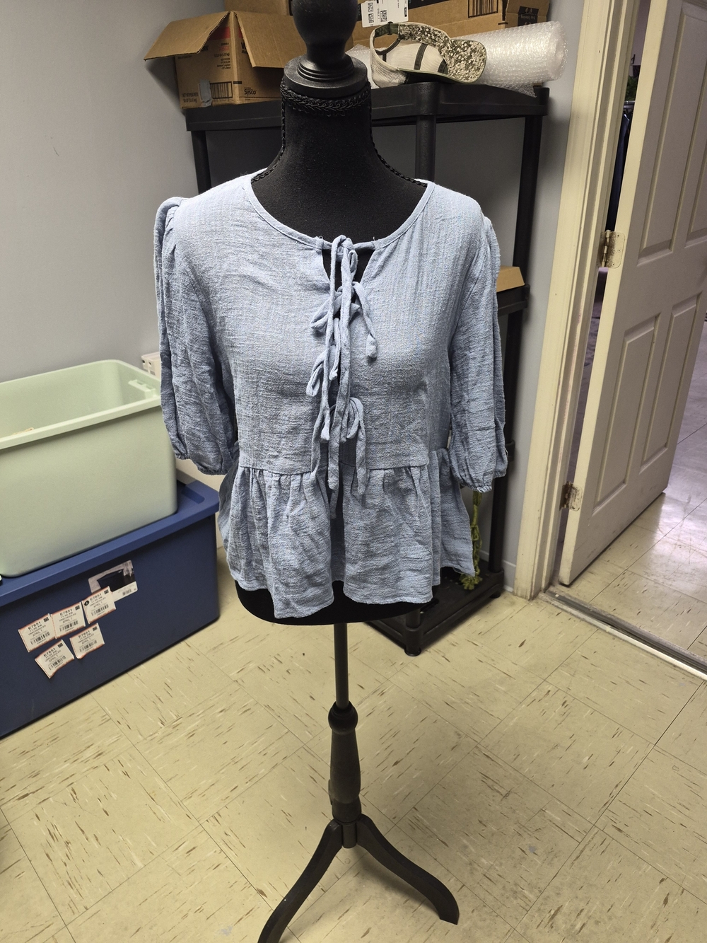 Light Blue Tie-Front Peplum Top with Three-Quarter Sleeves